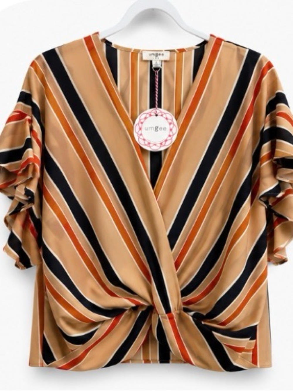 Umgee Twist Front Blouse Small NWT Camel Rust Black Stripe Flutter Sleeve